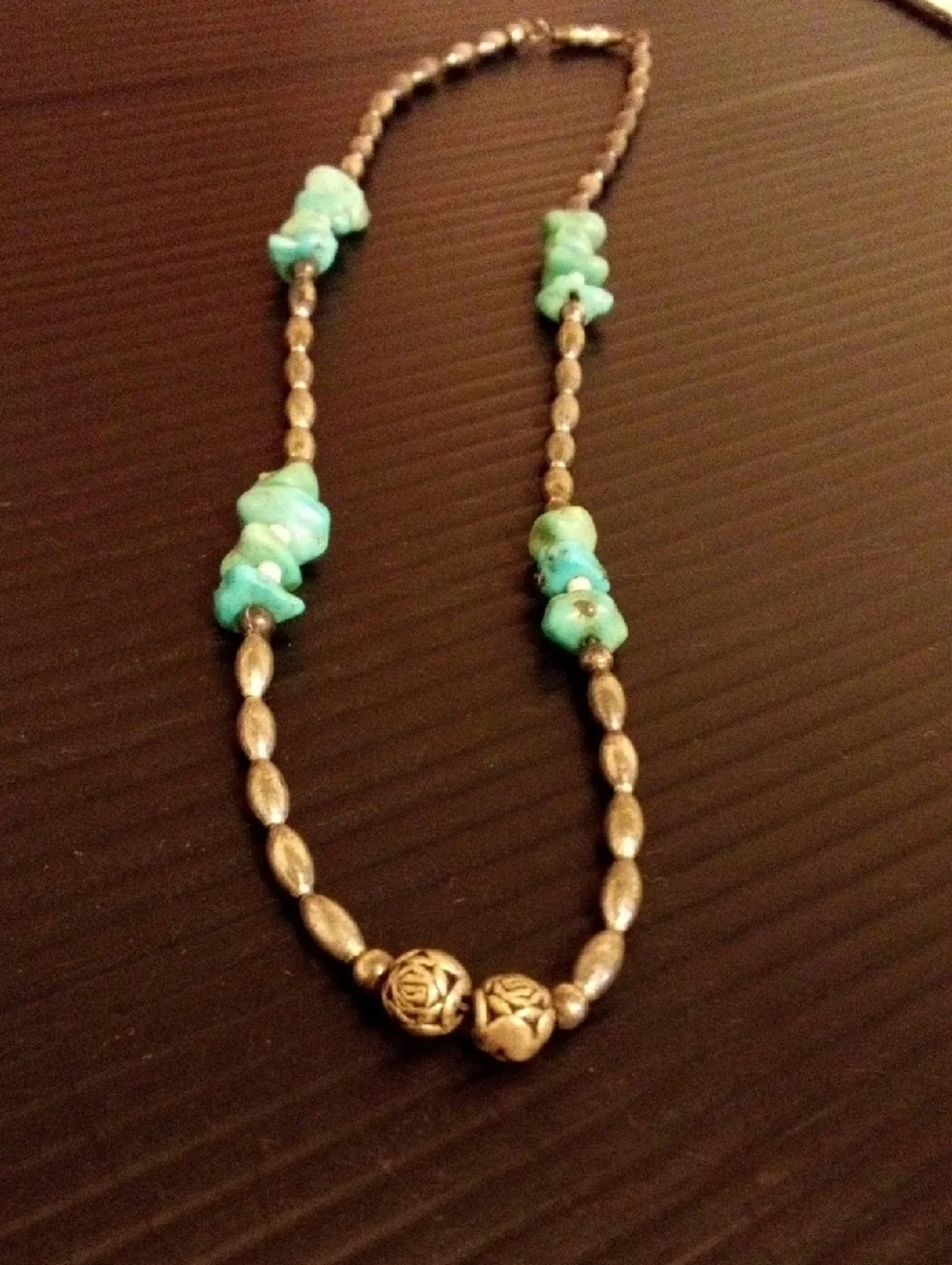 Turquoise Chip & Antiqued Silver Bead Necklace - Women Jewelry - Picture 4 of 5